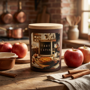 Tart Tatin candle by The Angelina Store. Beautiful 8.5 oz brown jar candle with wooden lid and vintage-style label featuring a fresh-baked apple tart in a cozy kitchen scene. Surrounded by fresh red apples and cinnamon sticks on a rustic wooden table. Warm gourmand scented candle with notes of caramelized apples, buttery pastry, and spices. Handcrafted home fragrance.